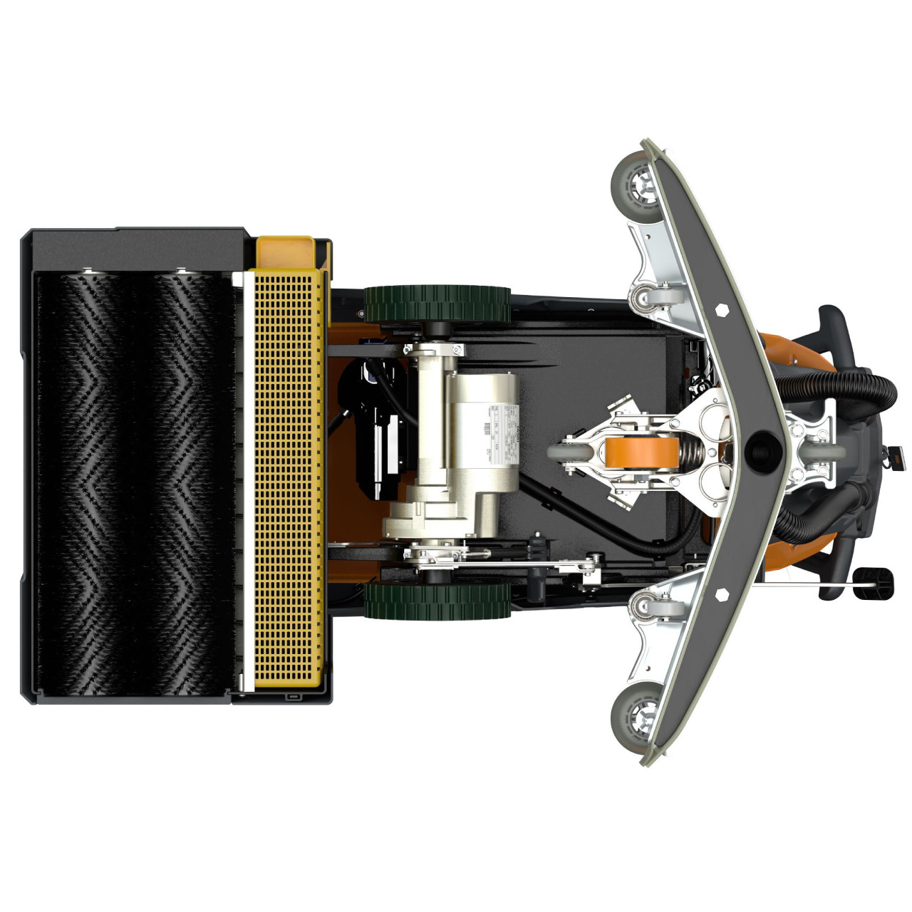 Underside view of the TASKI ULTIMAXX 1900 RB55 dual cylindrical brush system with debris tray for efficient cleaning.