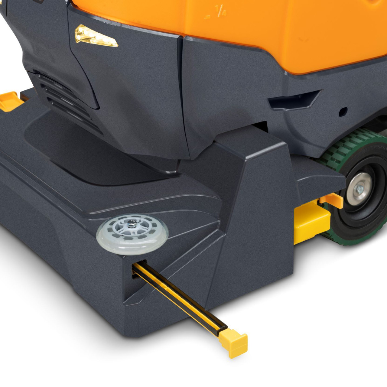 Close-up of TASKI ULTIMAXX 1900 RB55 showing integrated drain hose and durable lower body construction.