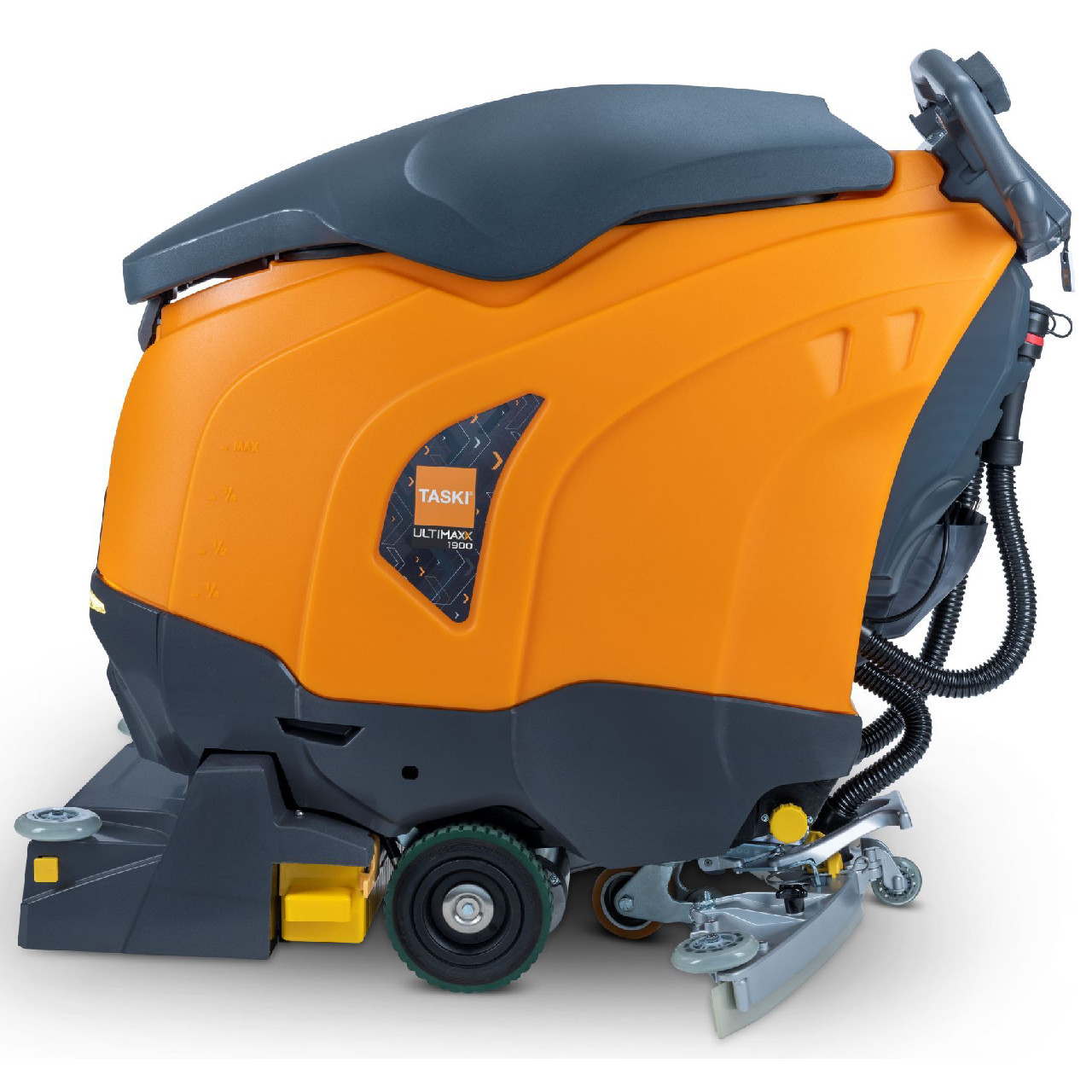 Side profile of the TASKI ULTIMAXX 1900 RB55 showing compact design and cylindrical brush deck.