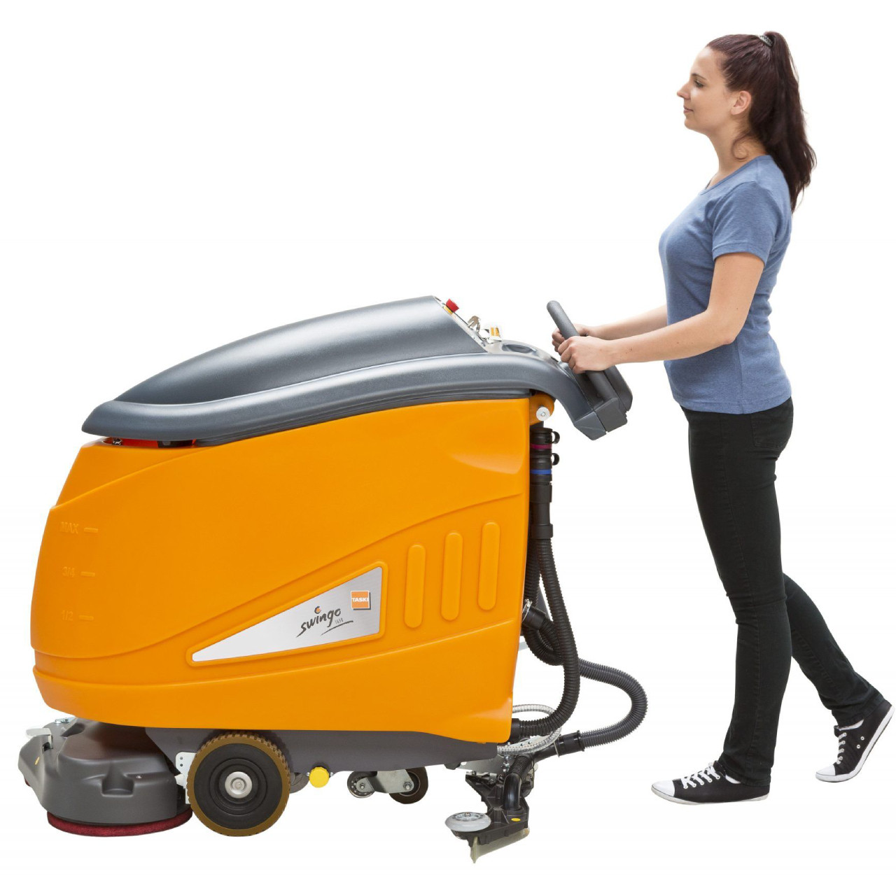 Side view of the TASKI swingo 1850B commercial auto scrubber showing compact design and large solution tank capacity