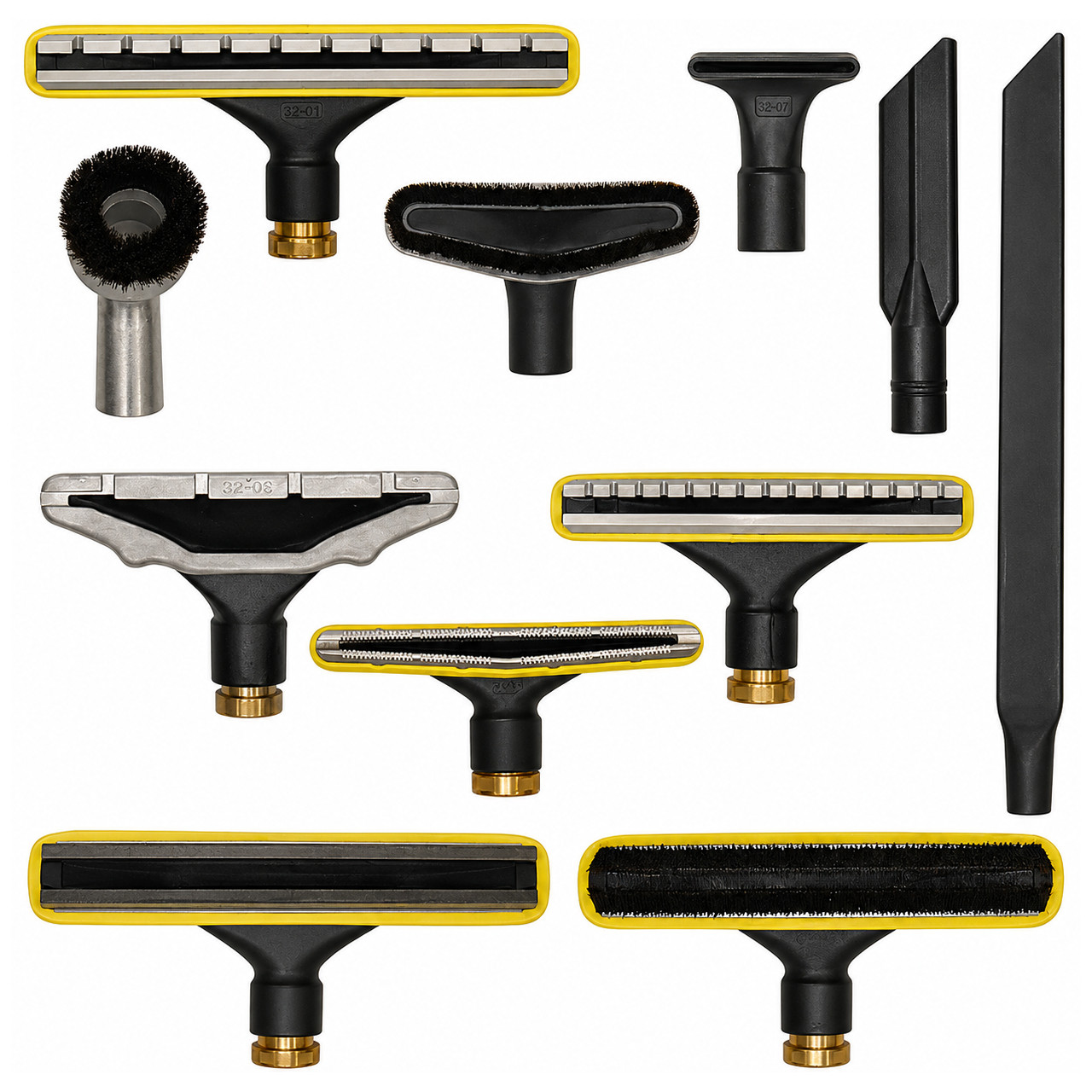 Specialty vacuum attachments and floor tools for the NSS Model M-1 PIG industrial vacuum system including squeegee tools, brushes, and crevice tools.