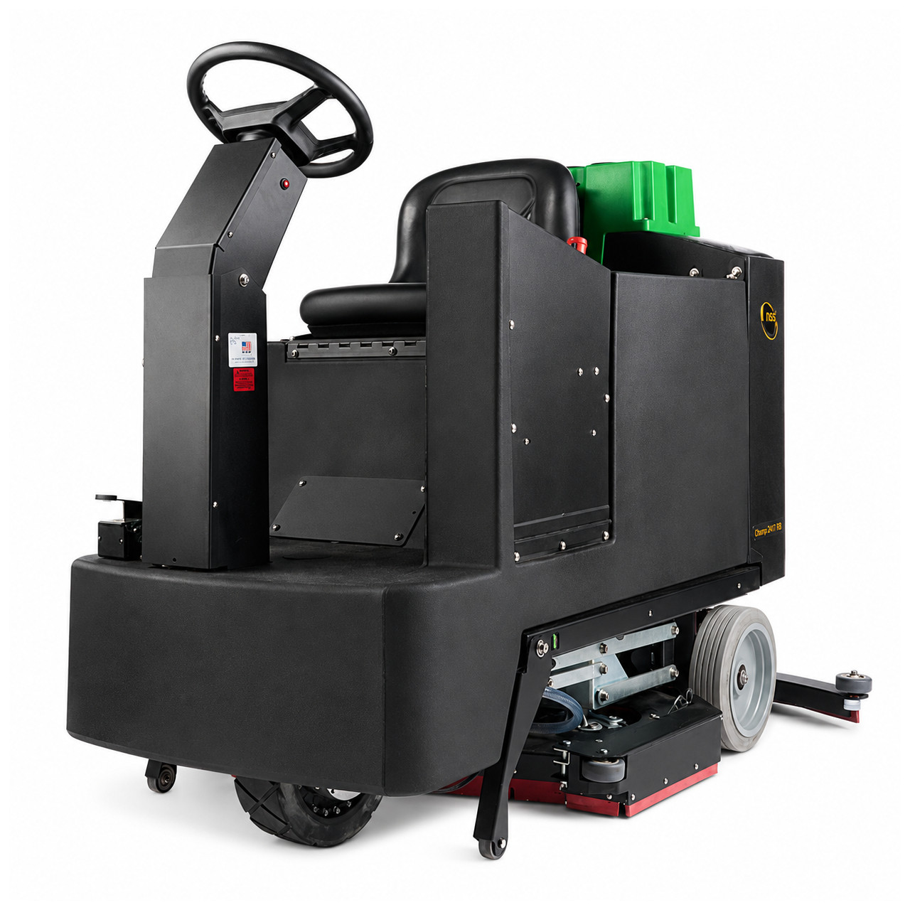 Front left angle view of NSS Champ 2929 automatic floor scrubber on white background with steering wheel, scrub deck, and compact rider platform visible.