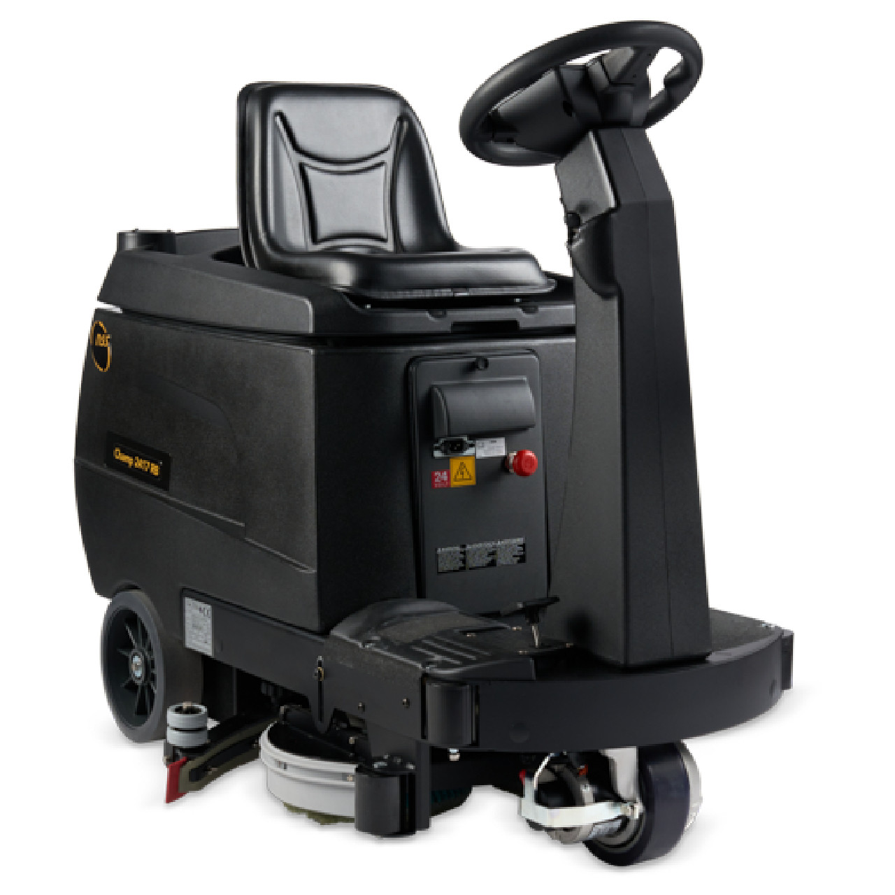 Front side view of the NSS Champ 2417 RB compact ride-on automatic floor scrubber. 