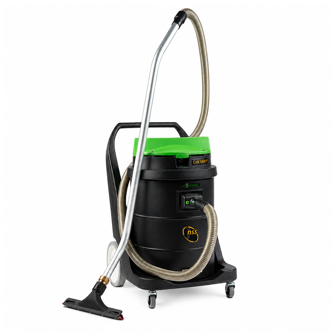 NSS Colt 1450 P commercial wet/dry vacuum with vacuum wand and floor recovery tool for commercial cleanup and wet pickup applications.