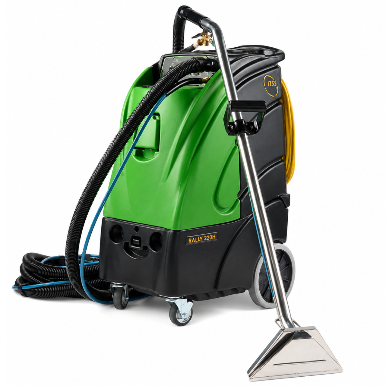 NSS Rally 220H carpet extractor with stainless steel wand, vacuum hose, and commercial extraction setup.