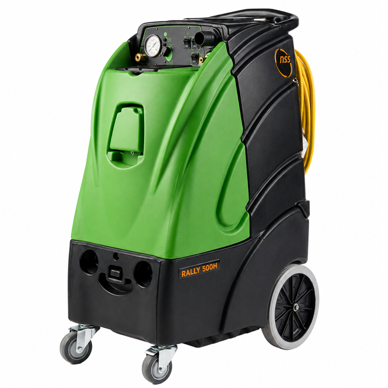 Angled front view of the NSS Rally 500H heated extractor highlighting the durable roto-molded body, large rear transport wheels, and compact commercial cleaning footprint.