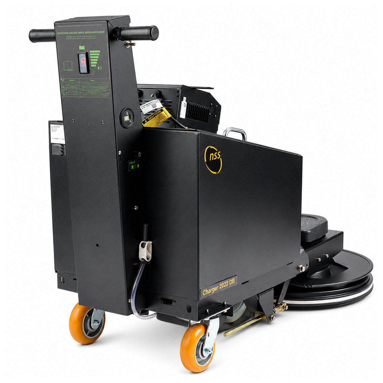 Front angle commercial cleaning equipment image of the NSS Charger 2022 DB walk-behind floor burnisher featuring battery-powered operation, Vac-Trac dust collection system, and 2200 RPM polishing performance on white background.