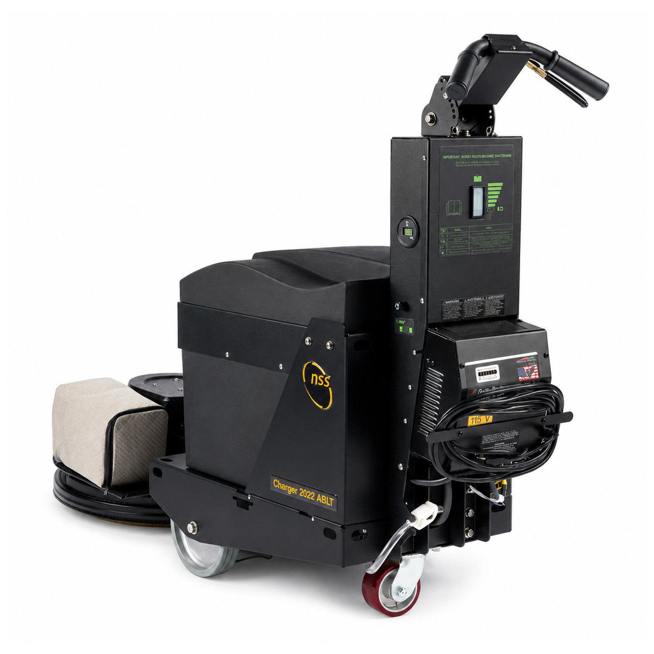 Rear angle product image of the NSS Charger 2022 ABLT high-speed floor burnisher with efficient dust recovery system.