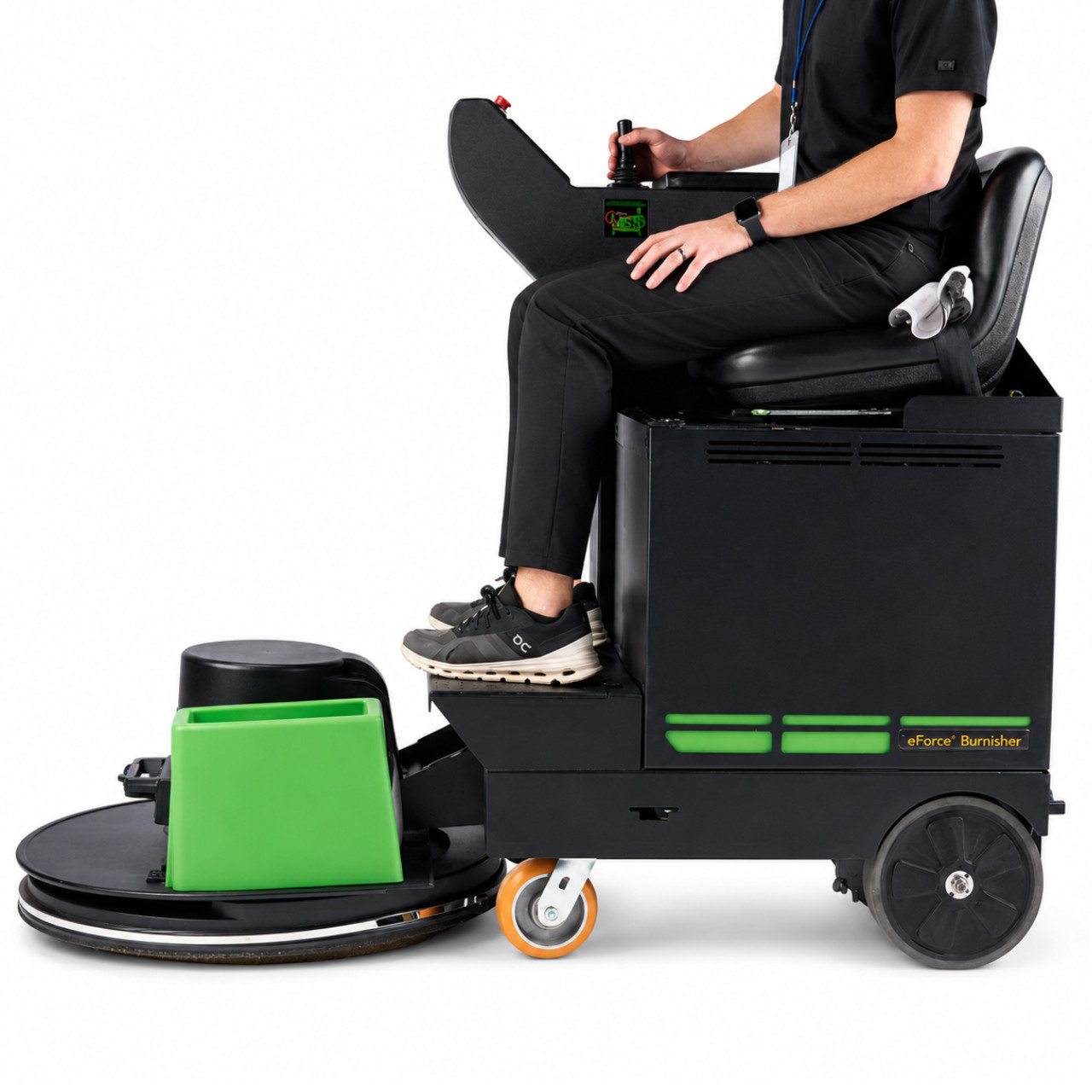 Professional side-profile image of the NSS eForce Ride-On Burnisher in operation with seated operator demonstrating the ergonomic joystick control system. Shows the 27-inch high-speed burnishing deck, ride-on platform, and Vac-Trac dust control housing designed for large commercial floor polishing applications.