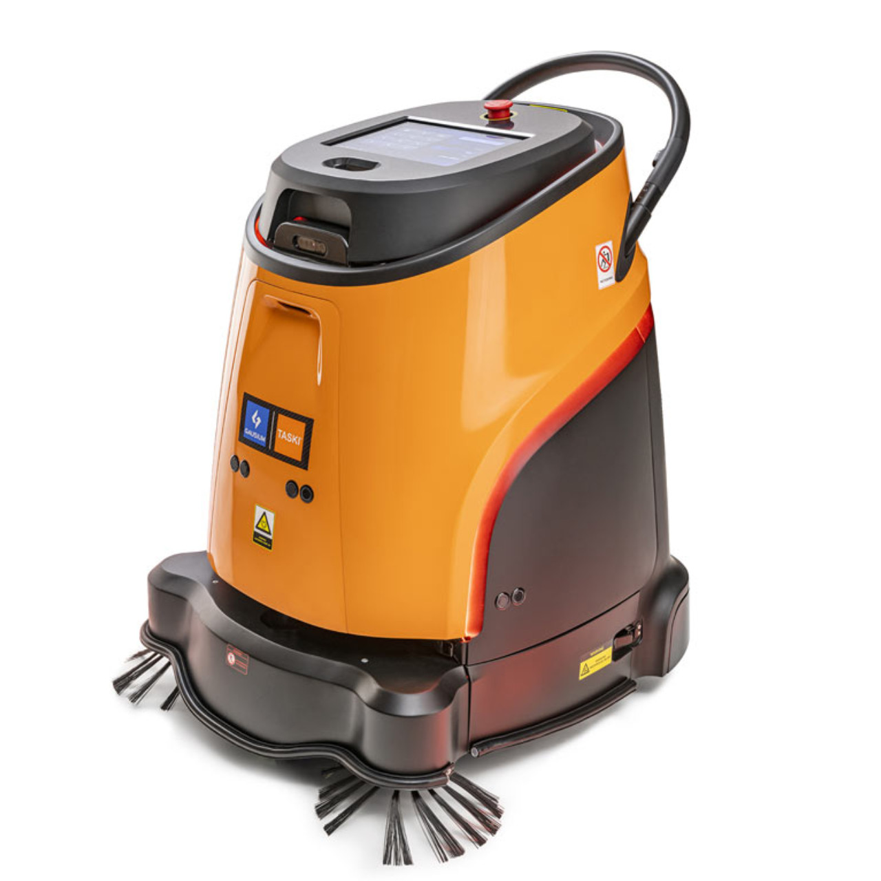 TASKI Ecobot 40 autonomous robotic sweeper shown from the right-side angle with integrated LED safety lighting and intelligent navigation system.