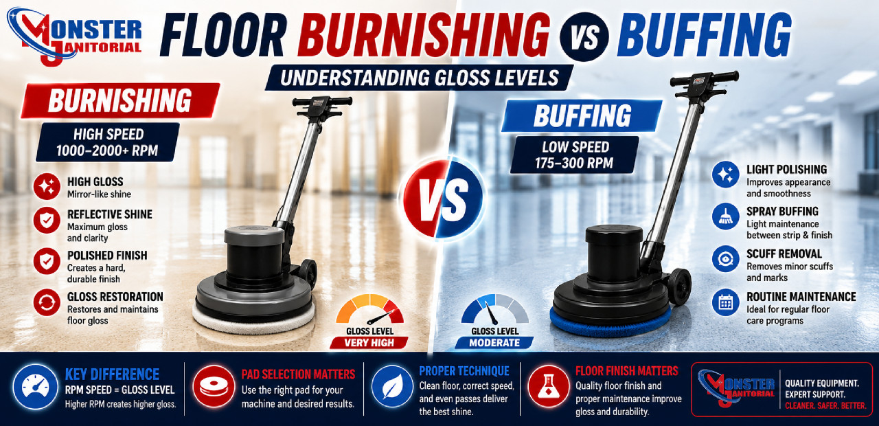 Floor Burnishing vs Buffing – Understanding Gloss Levels