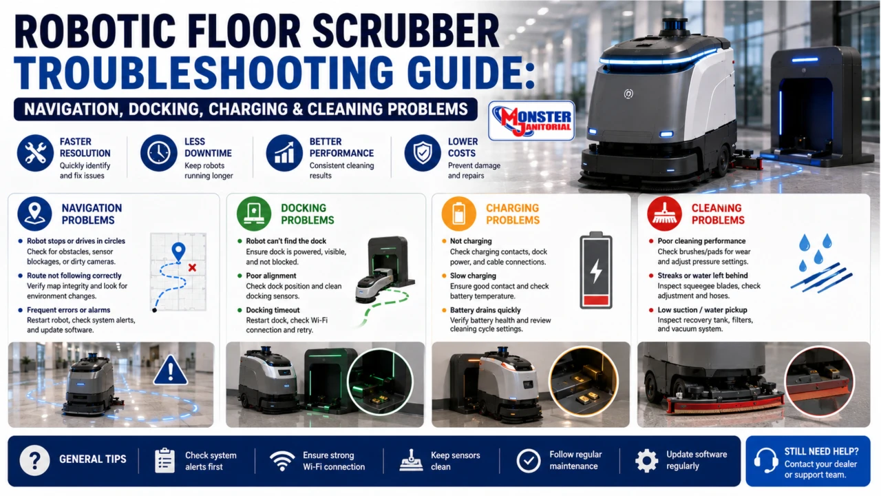 Robotic Floor Scrubber Troubleshooting Guide: Navigation, Docking, Charging & Cleaning Problems