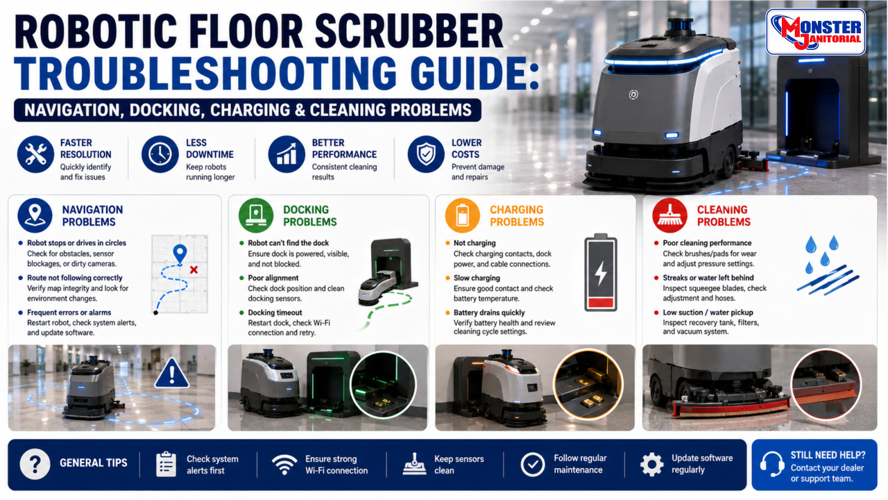 Robotic Floor Scrubber Troubleshooting Guide: Navigation, Docking, Charging & Cleaning Problems