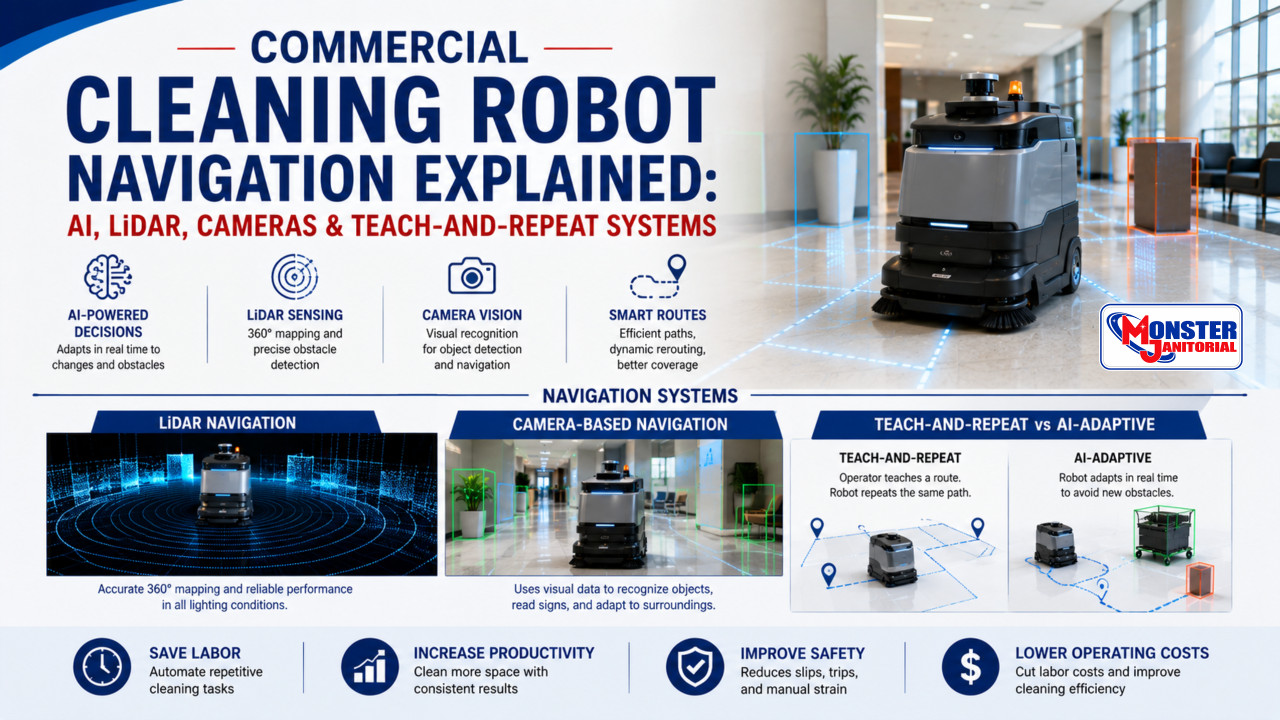 Commercial Cleaning Robot Navigation Explained: AI, LiDAR, Cameras & Teach-and-Repeat Systems