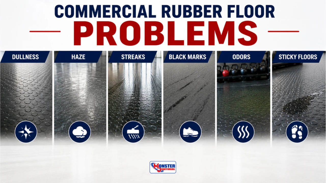 Commercial Rubber Floor Problems: Dullness, Haze, Streaks, Black Marks, Odors & Sticky Floors
