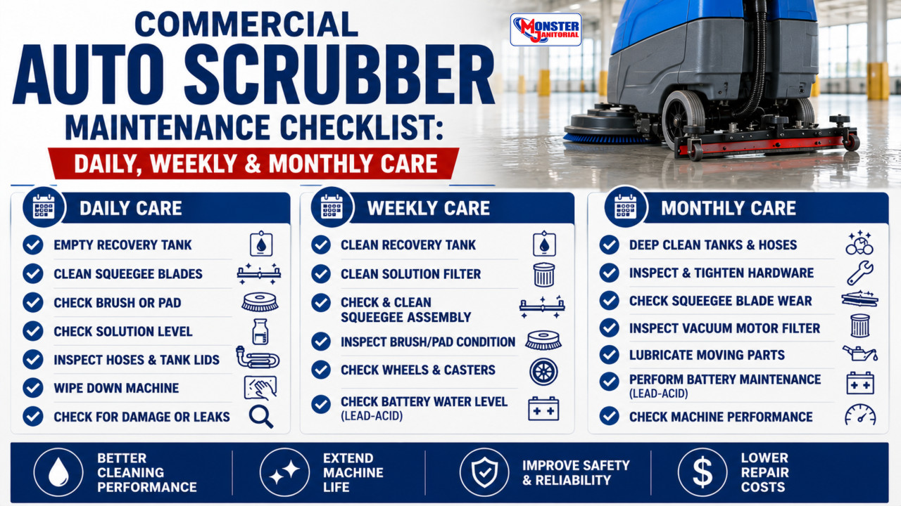 Commercial Auto Scrubber Maintenance Checklist: Daily, Weekly & Monthly Care