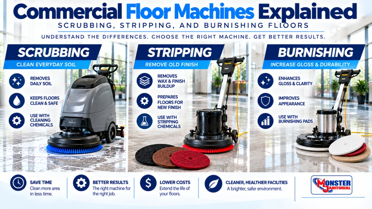 Commercial Floor Machines Explained – Scrubbing, Stripping, and Burnishing Floors