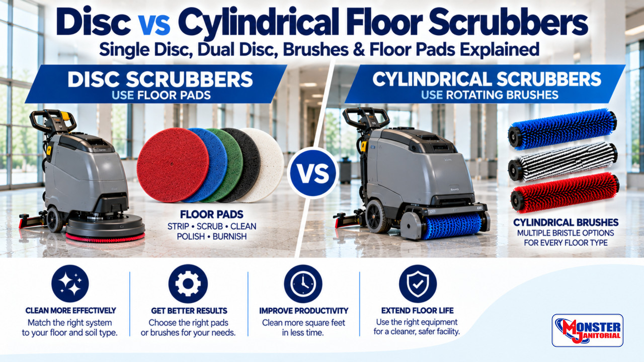 Disc vs Cylindrical Floor Scrubbers: Single Disc, Dual Disc, Brushes & Floor Pads Explained