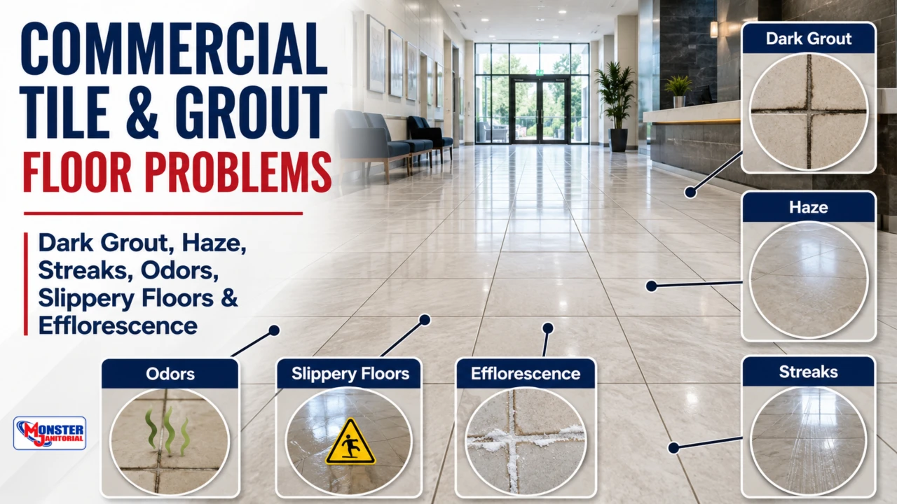 Commercial Tile & Grout Floor Problems: Dark Grout, Haze, Streaks, Odors, Slippery Floors & Efflorescence