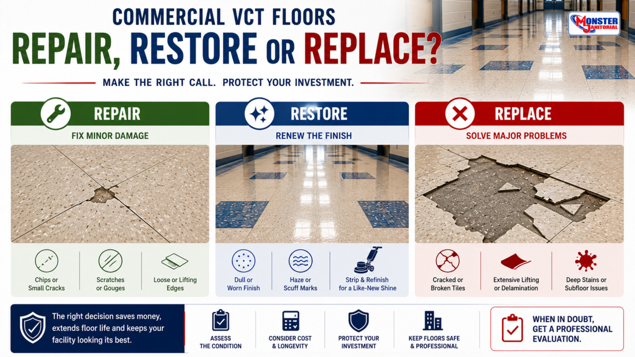 Commercial VCT Floor Repair & Replacement Guide: When to Repair, Restore or Replace