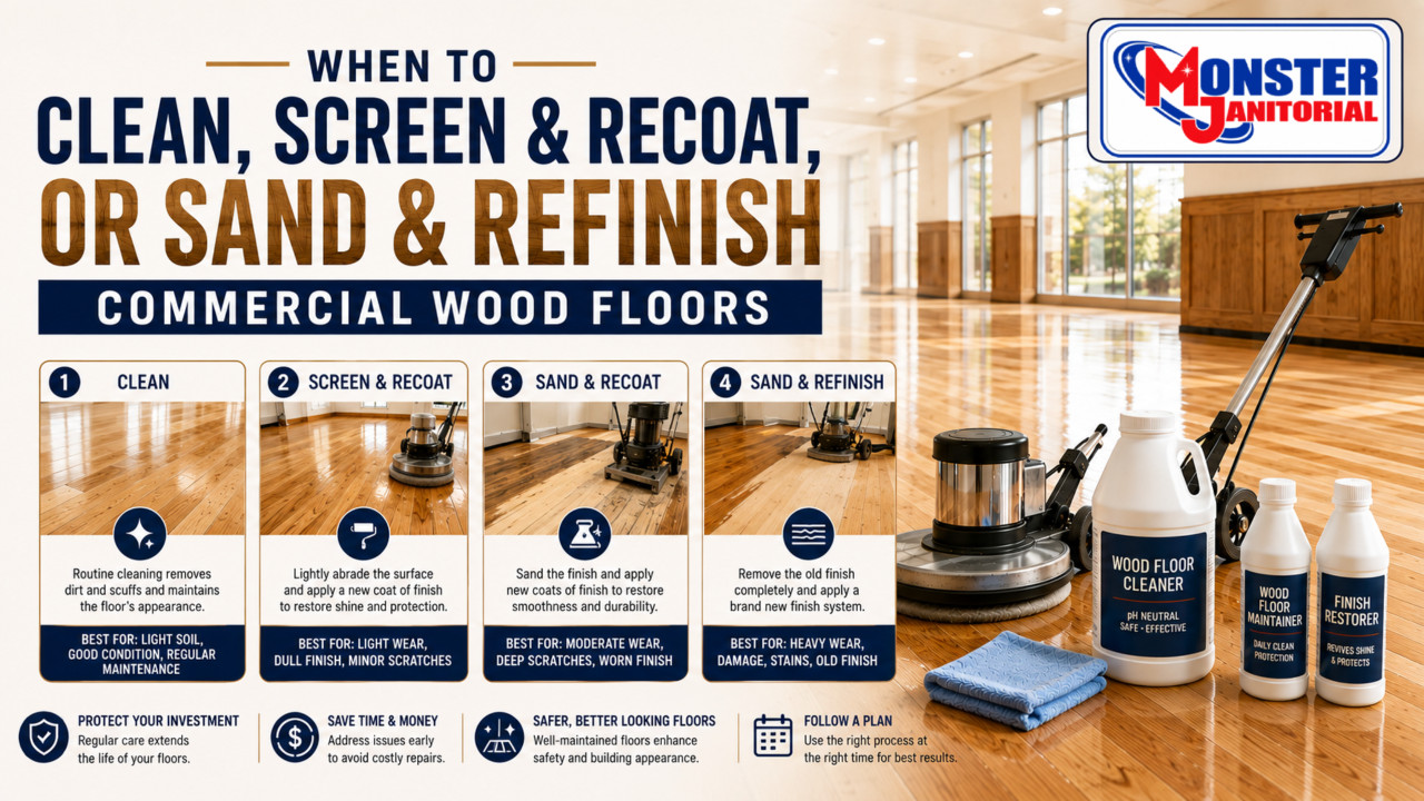 When to Clean, Screen & Recoat, or Sand & Refinish Commercial Wood Floors