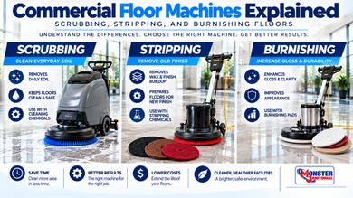 Commercial Floor Machines Explained – Scrubbing, Stripping, and Burnishing Floors