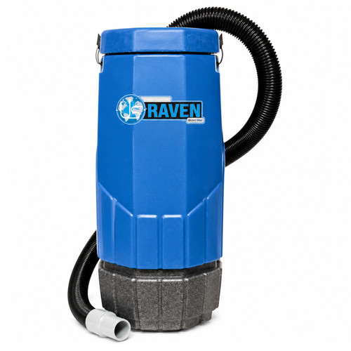 Product photo of a Raven commercial backpack vacuum on a white background. The vacuum features a blue rectangular body with Raven branding, a black flexible vacuum hose, gray lower filter housing, and compact backpack-style design for professional cleaning applications.