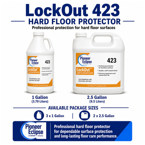 Pioneer Eclipse LockOut 423 Hard Floor Protector product graphic showing 423GL3 3 x 1 gallon and 423FS 2 x 2.5 gallon package sizes for professional hard floor surface protection on concrete, terrazzo, marble, and quarry tile.