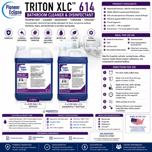 Pioneer Eclipse Triton XLC 614 bathroom cleaner and disinfectant product infographic showing the 614DTC and 614DTCQ container options, package sizes, product highlights, recommended surfaces, directions for use, dilution details, specifications, efficacy information, and document resources on a white background with purple accents.