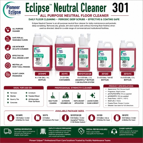 Eclipse Neutral Cleaner 301 is an all-purpose neutral floor cleaner for terrazzo, marble, quarry tile, concrete, linoleum, treated wood, and other washable floor surfaces.