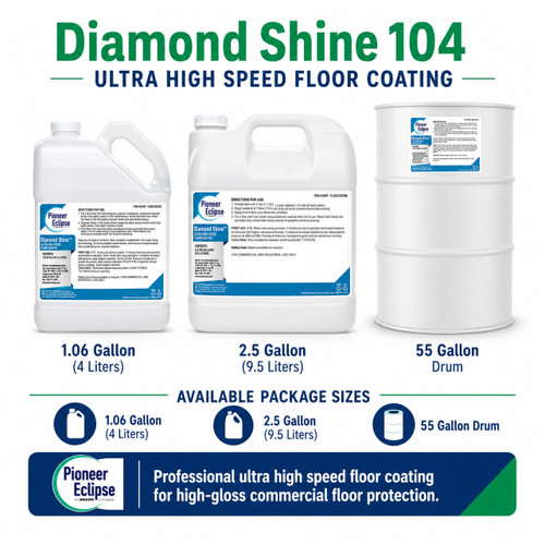 Diamond Shine 104 is an ultra high speed floor coating designed for high-gloss commercial floor protection, scuff resistance, and burnish response on properly prepared hard floors.