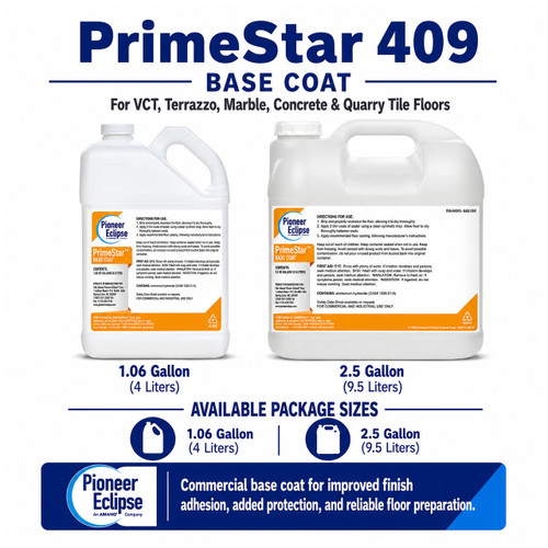 Pioneer Eclipse PrimeStar 409 Base Coat 2.5 gallon container for VCT floor sealing, gloss building, and commercial floor finish preparation.