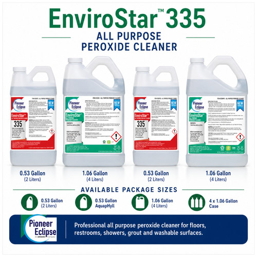 Pioneer Eclipse EnviroStar 335 all purpose peroxide cleaner for commercial floor care, restroom cleaning, grout cleaning, and washable surface maintenance.