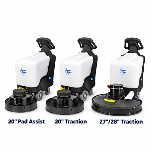 Pioneer Eclipse 300BU battery burnisher lineup showing 20-inch Pad Assist, 20-inch Traction, and 27/28-inch Traction models.