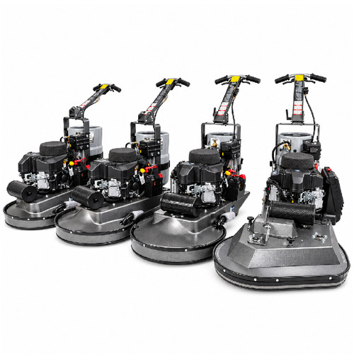 Pioneer Eclipse 420BU propane burnisher lineup showing 21-inch, 24-inch, 28-inch, and 40-inch machine configurations on a white background.
