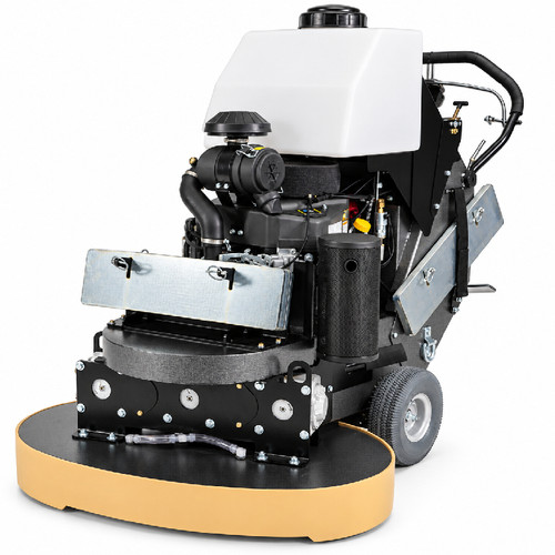 Pioneer Eclipse 450GP34 34-inch dual-head propane hard floor machine shown from a front three-quarter angle, featuring the large onboard solution tank, propane engine, weight brackets, dual-head grinding and polishing deck, and heavy-duty transport wheels on a clean white background.
