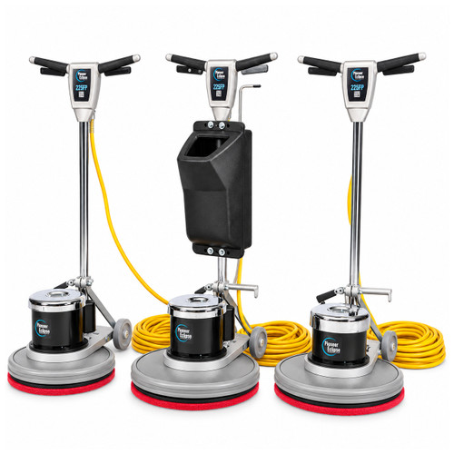 Pioneer Eclipse 225FP floor machine lineup showing three commercial floor polishers, including standard 17-inch and 20-inch configurations and a tank-equipped model, all on a clean white background.