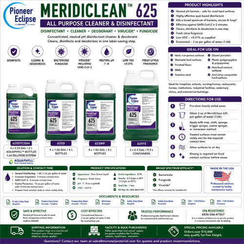 Pioneer Eclipse MeridiClean 625 All Purpose Cleaner & Disinfectant package-size image showing 625DTCQ64, 625D, 625MP, and 625FS containers for disinfecting, cleaning, and deodorizing hard non-porous commercial surfaces.