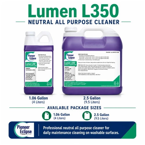 Lumen L350 Neutral All Purpose Cleaner is a lavender-scented daily cleaner for washable floors, damp mopping, and automatic scrubber cleaning programs.