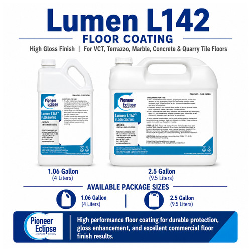 Lumen L142 Floor Coating provides a high-gloss wet-look finish with repairable durability for VCT, terrazzo, marble, quarry tile, and concrete floors.