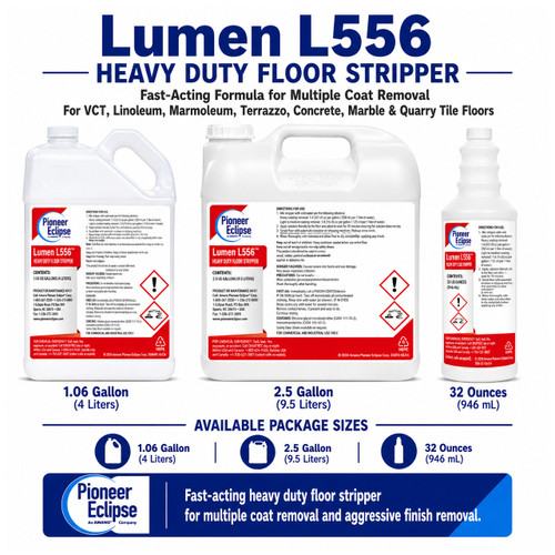 Pioneer Eclipse Lumen L556 Heavy Duty Floor Stripper product graphic showing 1.06 gallon, 2.5 gallon, and 32 ounce package sizes for fast-acting commercial floor finish removal.