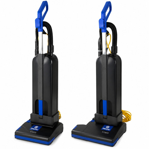 Pacific V12ES and V15ED commercial HEPA upright vacuums shown side by side on a white background.