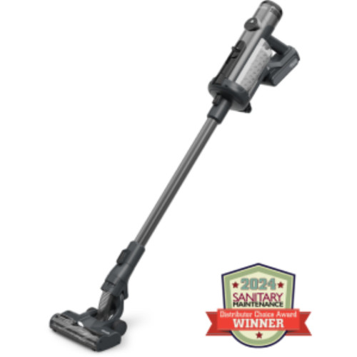 Numatic The Quick NQ100 professional cordless stick vacuum with extended wand and motorized floor head, shown on a clean white background with award badge.