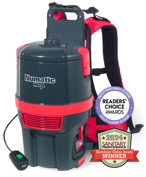 RBV 150NXH Latitude HEPA battery backpack vacuum with ergonomic harness, compact canister design, and award-winning performance. Machine branding displays Numatic, supplied in the U.S. by NaceCare.