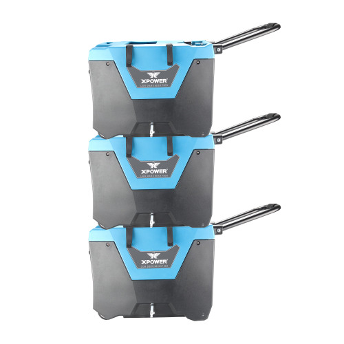 Stacked XPOWER XD-125Li LGR dehumidifiers showing compact, stackable design for transport and storage