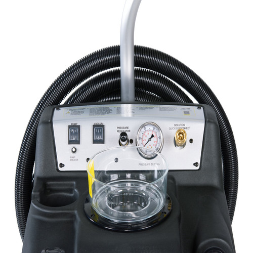 Tornado Touchless Cleaner commercial restroom cleaning machine with onboard solution tank, vacuum hoses, and accessories on white background