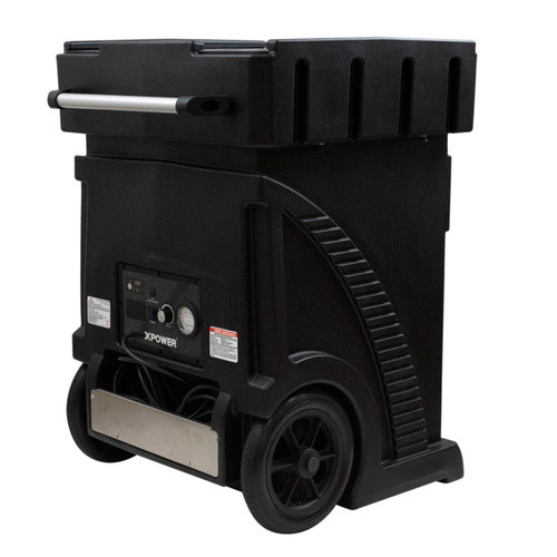 XPOWER AP-2500D commercial HEPA air scrubber back angle view with integrated wheels, cord storage, and negative air exhaust outlet