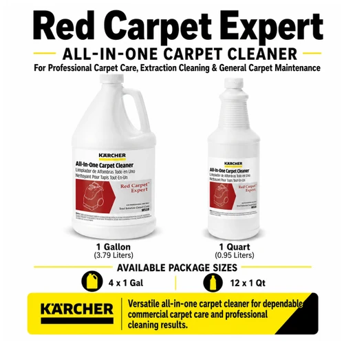 Kärcher Red Carpet Expert All-In-One Carpet Cleaner, a concentrated low-foam carpet cleaner for spotting, pre-spray, extraction cleaning, and deodorizing.