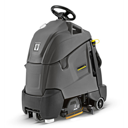 Karcher Chariot 2 iScrub 22 SP stand-on floor scrubber with 22 inch cylindrical brush scrub deck and AGM batteries designed for presweeping, scrubbing, and vacuuming floors in one pass.