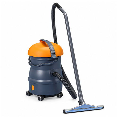 TASKI vacumat 22 wet and dry vacuum shown with hose, wand, and floor tool, highlighting its compact tank design and versatility for everyday commercial cleaning tasks.